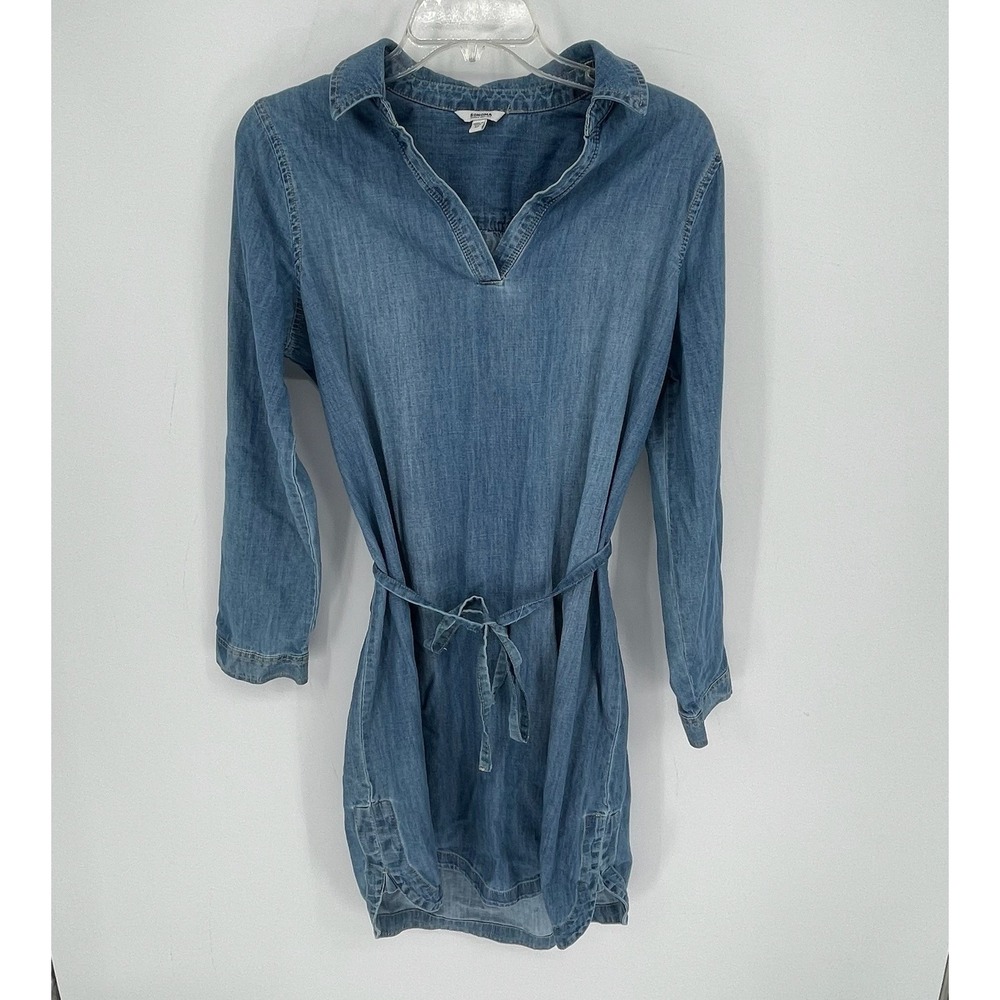 Sonoma Women's Blue Chambray Collared Long Sleeve Tie Waist Shirt Dress Size M